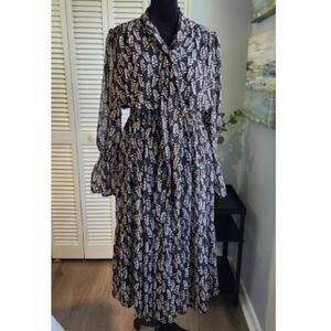 Love Riche Midi Dress Small Black Tan Flowy Floral Boho Cottagecore